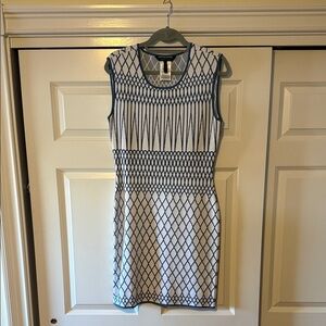 BCBG Sleeveless White & Blue Patterned Sheath Dress